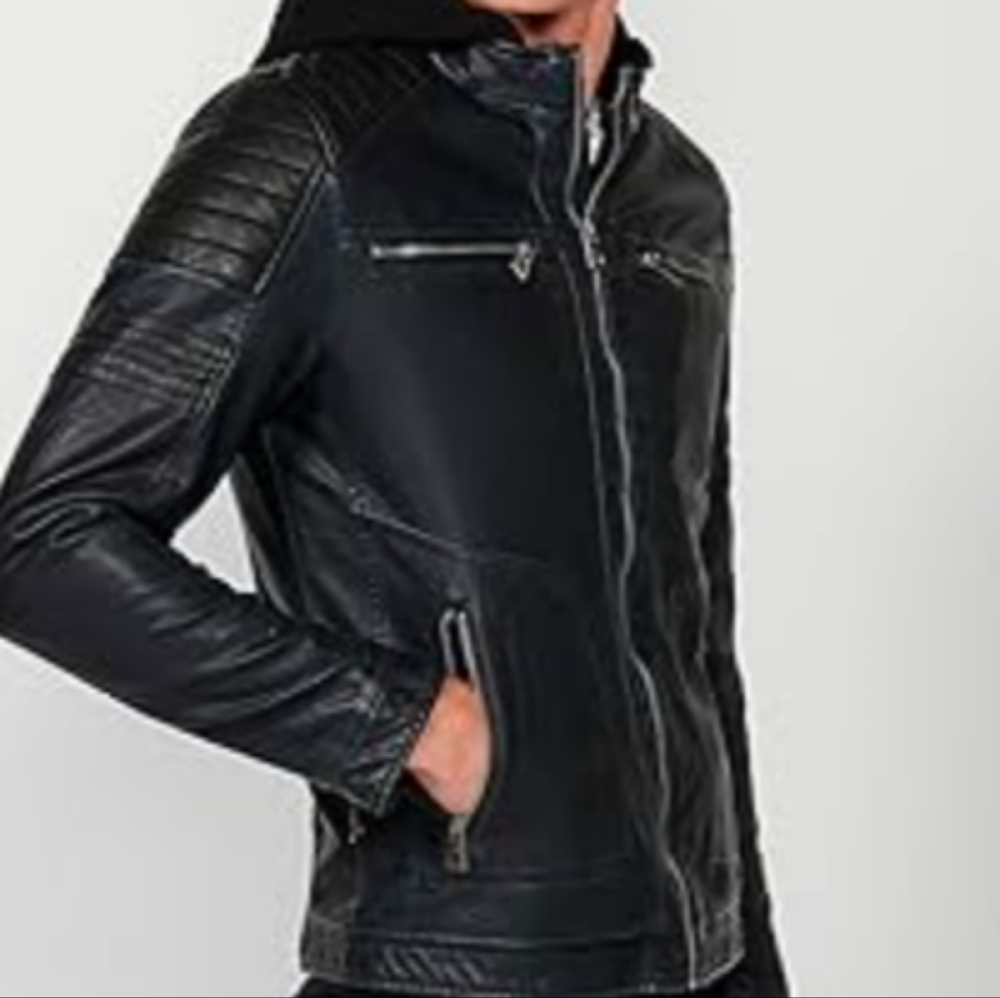 Top Gun Black Faux Leather Motorcycle Quilted Moto Racer Jacket w/ Hood